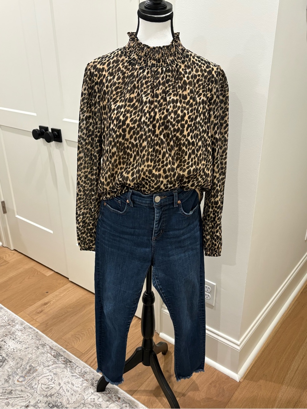 J. Crew Black and Tan Leopard Smocked Neck Top